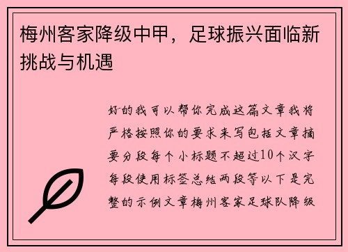 梅州客家降级中甲,足球振兴面临新挑战与机遇 梅州客家降级中甲,足球振兴面临新挑战与机遇
